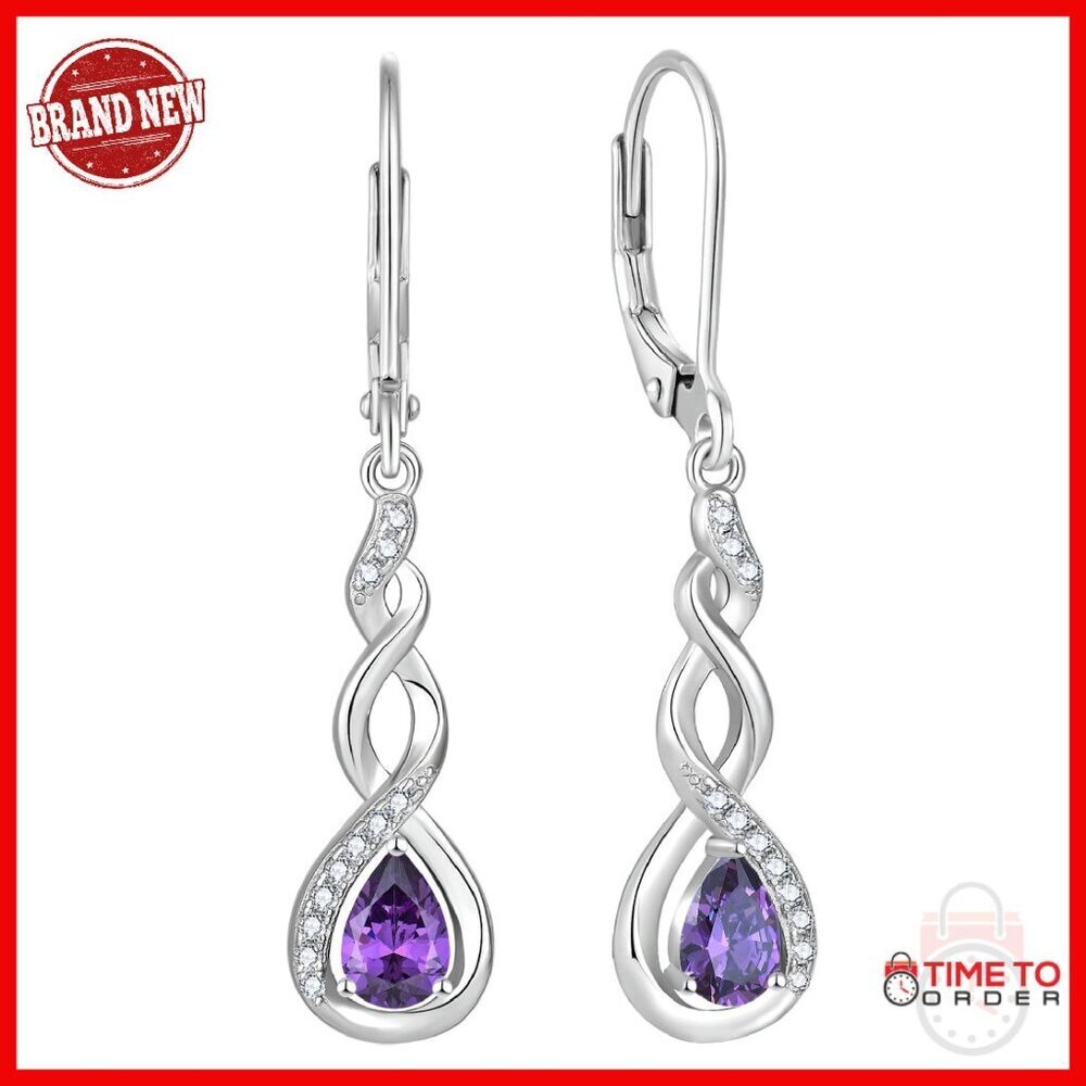 Sterling Silver Infinity Leverback Drop Earrings with Created Amethyst